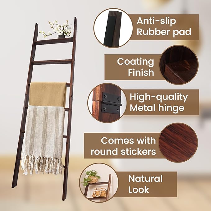 Blanket Ladder, 6-Tier Wooden Quilt Stand, Decorative Ladder Shelf, Leaning Shelf, Wall Leaning Blanket Ladder Towel Storage 