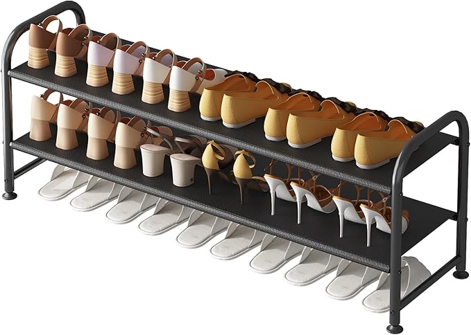 INGIORDAR Shoe Rack 2 Tier Long Storage Organizer Wide Metal Shoe Shelf for Closet Entryway Black