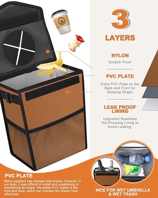 Car Trash Can with Lid, Cute Leakproof Car Trash Garbage Bag Hanging Vehicle Trash Bin Small Portable Automotive Garbage Cans Organizer for Back/Front Seat(Trapezoid,Brown)
