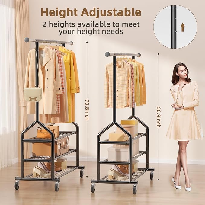 EAGMAK Heavy Duty Clothes Rack Load 556 LBS, Rolling Clothing Rack With 3 Shelves, Adjustable Metal Clothes Hanger with Wheel