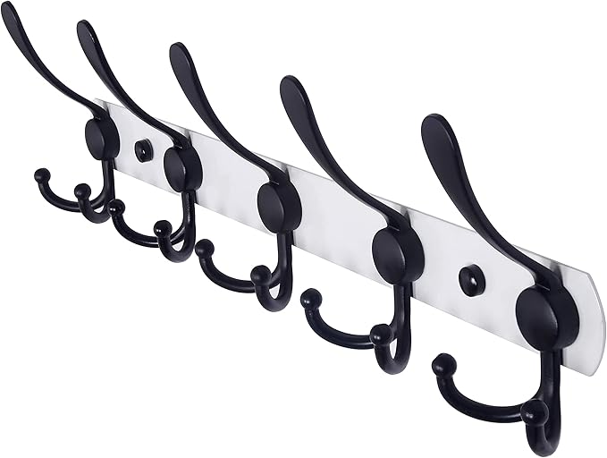 Dseap Wall Mounted Coat Rack - 5 Tri Hooks, Heavy Duty, Stainless Steel, Metal Coat Hook Rail for Coat Hat Towel Purse Robes 