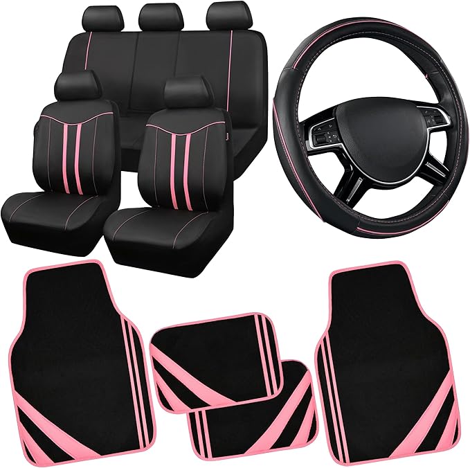 CAR PASS Car Seat Covers Full Set for Women Girls with Waterproof Car Floor Mats,Anti-Slip Leather Steering Wheel Cover,Unive