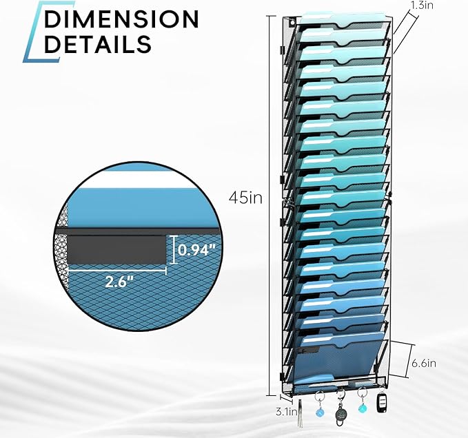 20-Tier Wall File Organizer with 5 Hooks, Hanging Mail Organizer Wall Mounted File Holder, Magazine Rack for Papers, Folders,