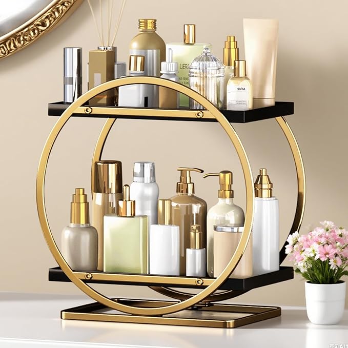 Makeup Organizer for Vanity, Black Gold Perfume Organizer for Dresser, 2-Tier Bathroom Countertop Organizers, Bathroom Counte