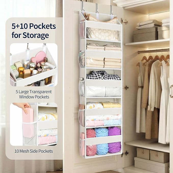 Yecaye 5 Tier Clear Over the Door Organizer Hanging, 5 Large Plastic Pockets and 10 Side Pockets Back of Door Organizer, 56lb