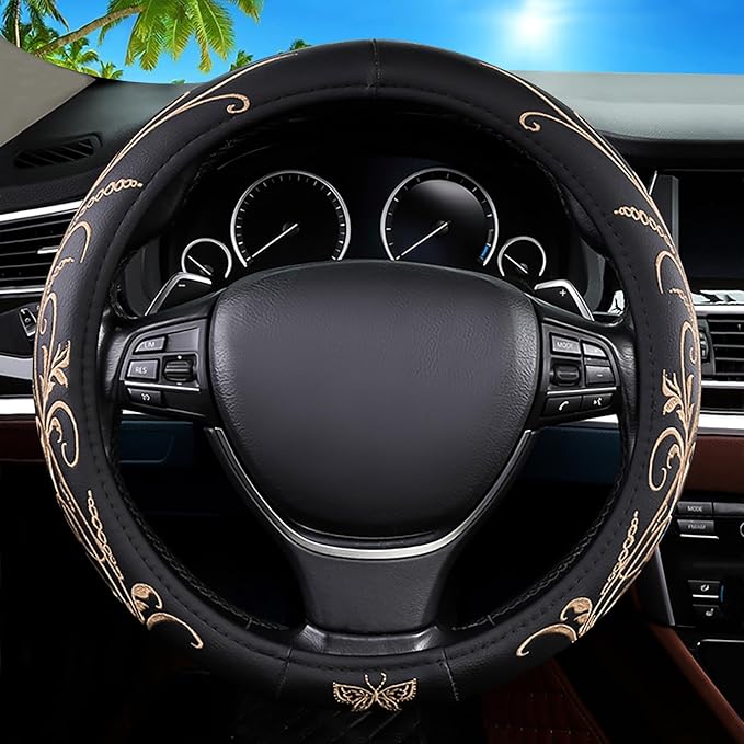 Car Leather Steering Wheel Cover - Panapi Material, Universal 14.5-15 Inch Leather Anti-Slip Breathable Auto Steering Wheel C