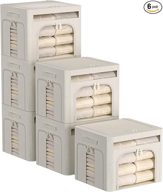 FHSQX 6 Pack Foldable Storage Bins for Clothes Clothes Storage Bins with Metal Frame Stackable Storage Box with Lid (Cream Wh