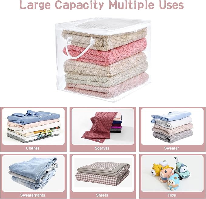 10-Pack Clear Zippered Storage Bags with Handles, Two-Way Zipper Foldable Closet Organizer, Bed Sheet Organizer, Plastic Stor