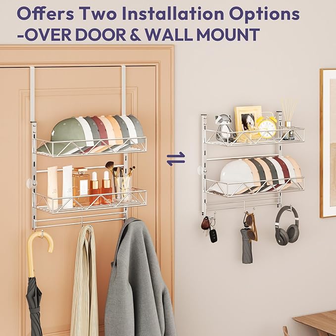 SWTYMIKI Over Door Hat Organizer - 3 Tier Wall Mounted Hat Rack with 2 Adjustable Metal Basket and 3 Hooks, Hanging Baseball 