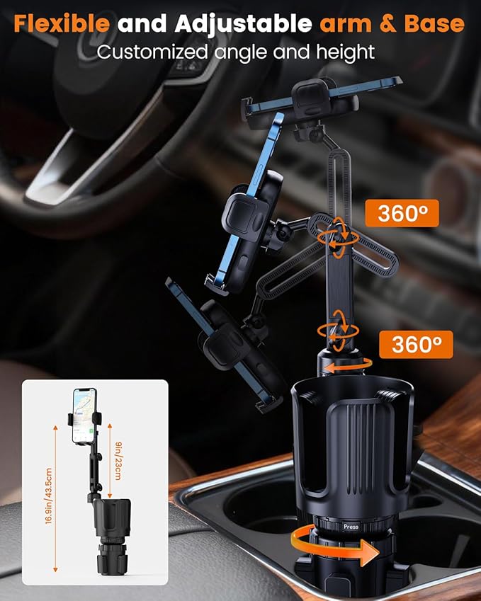 Cup Phone Holder for Car with Expandable Base, Upgraded 2 in 1 Hands Free Cellphone Holder Cupholder Car Mount, Stable Retrac
