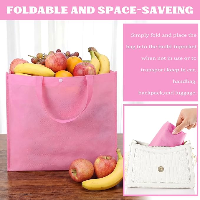 Boao 48 Pack Reusable Grocery Bags 13''L x 9.4''W x 15''H Large Foldable Shopping Tote Bag Non Woven with Handle and Button