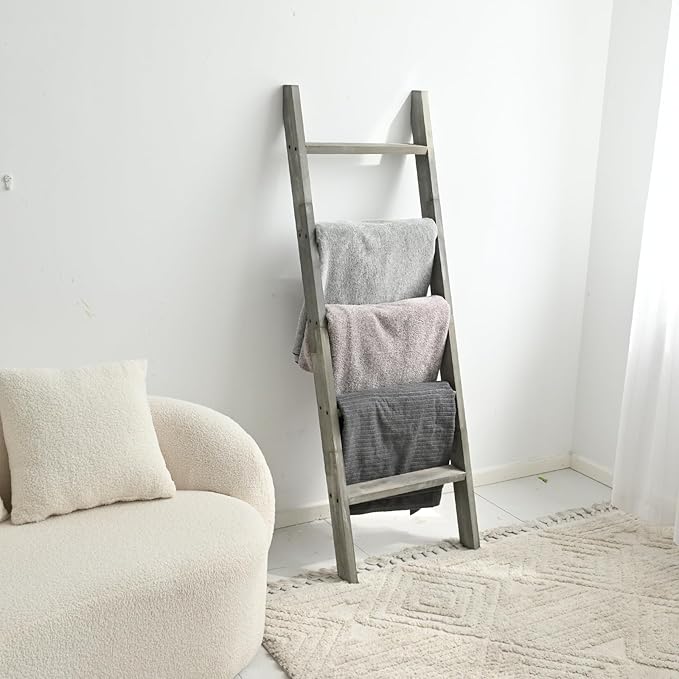 FUIN 5ft (58") Wood Blanket Ladder Living Room Decorative Wall Leaning Farmhouse Quilt Display Holder Shelf Rustic Wooden Tow