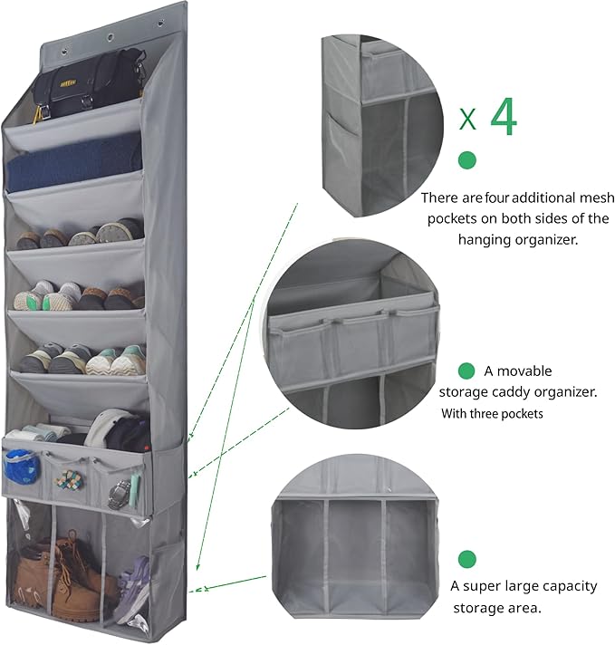 3in1 Over The Door Shoe Organizer with 5 Slanted Compartments,Removable Storage Bin & Transparent Pockets,Thickened Waterproo