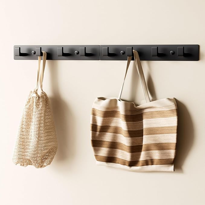 GWAAZXGZ Black Wall Mounted Coat Rack- 2 Modular Rails (25'' Total), 8 Right-Angle Hooks, Modern Organizer for Entryway, Bath