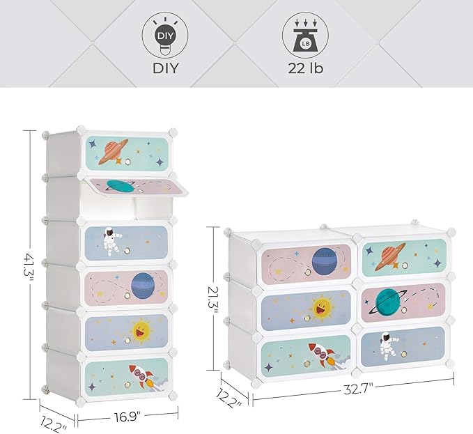 SONGMICS Kids' Shoe Rack with Doors, 6-Slot Stackable Storage Organizer, Plastic Wardrobe, Toys, Books, Clothes, 12.2 x 16.9 