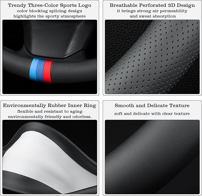 Car Leather Steering Wheel Cover - Panapi Material, Universal 14.5-15 Inch Leather Anti-Slip Breathable Auto Steering Wheel C