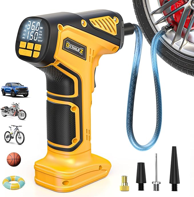 Cordless Tire Inflator Air Compressor Compatible with Dewalt 20V Battery (Tool Only), 150 PSI Portable Car Air Pump with Digital Pressure Gauge, Automatic Shut Off, LED Light
