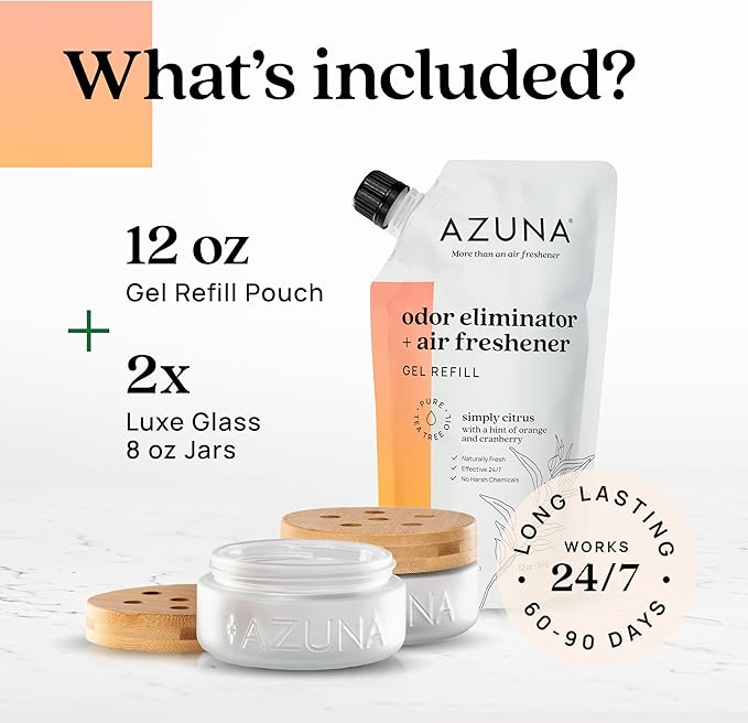 Azuna Air Freshener & Odor Eliminator for Strong Odor | 2 Room Kit Includes (2) Empty Luxe Glass Jar & 12oz Gel Refill with T