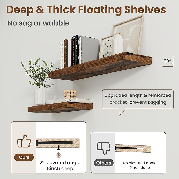 24 Inch Floating Shelves for Wall, 8 Inch Deep Floating Shelf for Storage & Display, Wall Mounted Shelf with Invisible Bracke