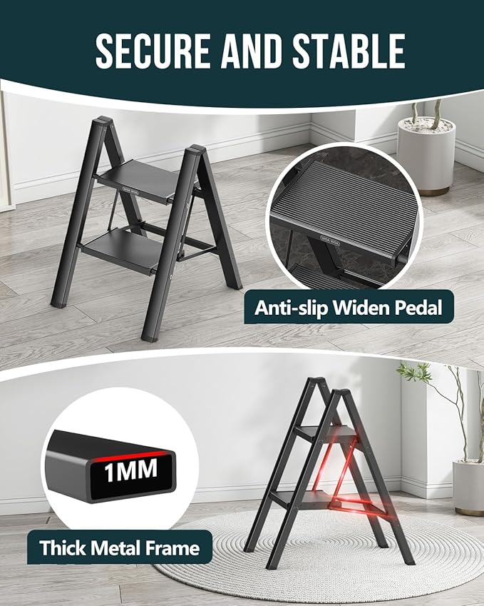 WOA WOA Step Ladder, Folding Step Stool with Widening Pedals, Portable Lightweight Home Ladder, Kitchen Stepladder, Easy to S