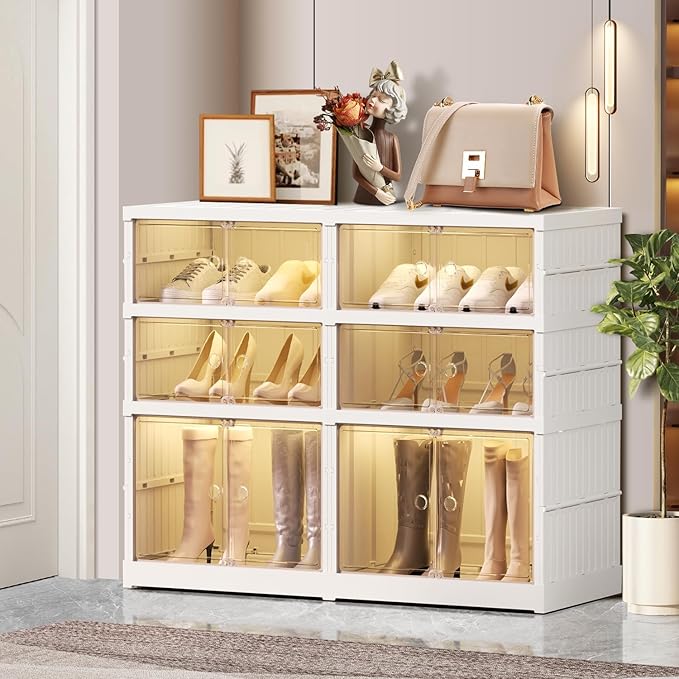 CIMLORD 3-Tier Foldable Shoe Rack Organizer for Closet 12Pairs Plastic Shoe Shelf Collapsible Shoes Storage Box Clear Shoe Bo