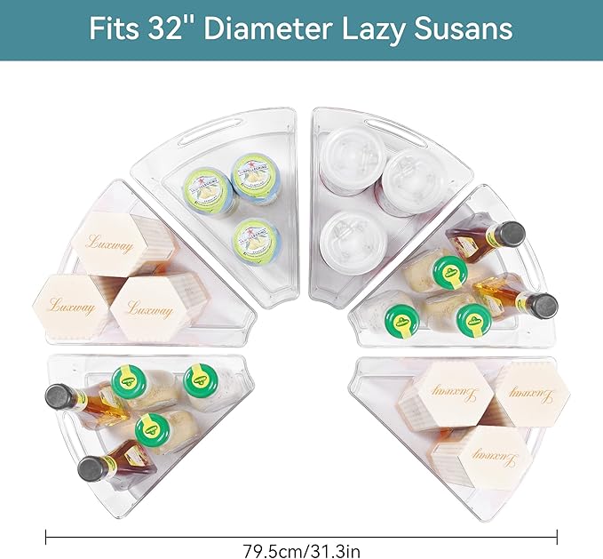 Oubonun Lazy Susan Organizers Set of 6, 12.8’’ x 11.7’’ x 4’’ Plastic Transparent Kitchen Cabinet Storage Bins with Handle, 4