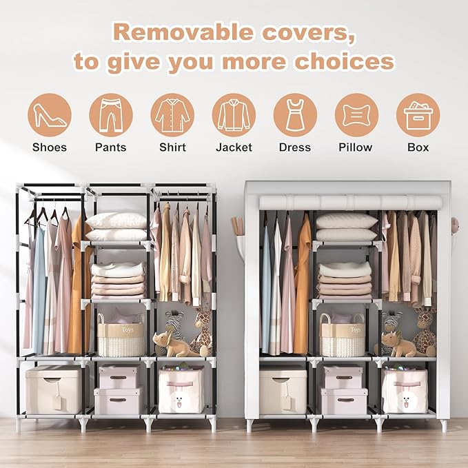 VTRIN Portable Closet Wardrobe for Hanging Clothes with 2 Hanging Rods and 8 Storage Organizer Shelves,Sturdy Large Wardrobe 