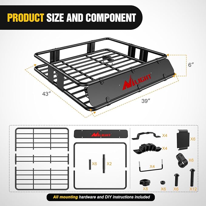 Nilight 43" x 39" x 6" Universal Roof Rack Cargo Basket Heavy-Duty 250LBS Capacity Rooftop Cargo Carrier Luggage Holder for SUV Truck Vehicle