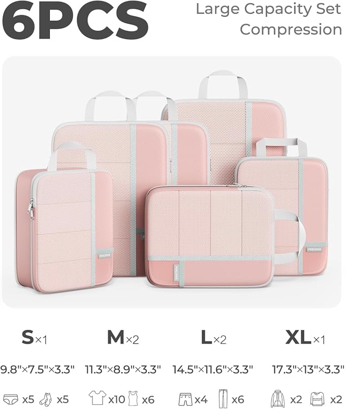 Percover Compression Packing Cubes 6-Piece Set, Packing Cubes Compression for Travel with Multi-Size Organization, Travel Org