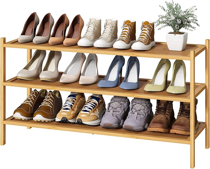 kiplant Long Shoe Rack, Bamboo Wood 3-Tier Shoe Rack for Entryway, Stackable | Foldable | Natural, Shoe Organizer for Hallway