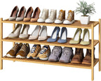 kiplant Long Shoe Rack, Bamboo Wood 3-Tier Shoe Rack for Entryway, Stackable | Foldable | Natural, Shoe Organizer for Hallway