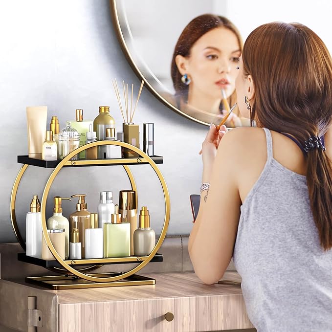 Makeup Organizer for Vanity, Black Gold Perfume Organizer for Dresser, 2-Tier Bathroom Countertop Organizers, Bathroom Counte