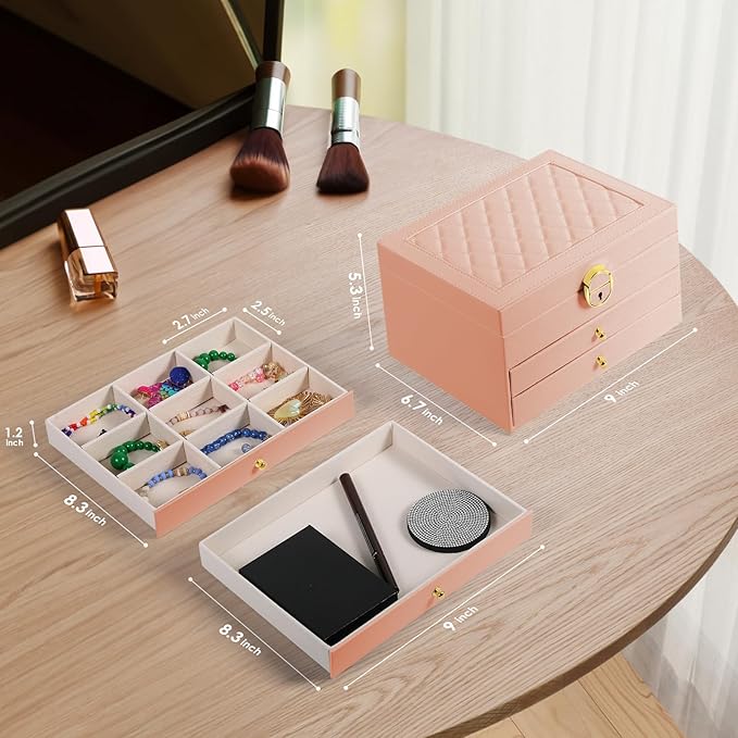coobest 3 Layer Jewelry Box, Jewelry Holder with Lockable Drawer, Large Jewelry Boxes & Organizer with Velvet Earring Holder,