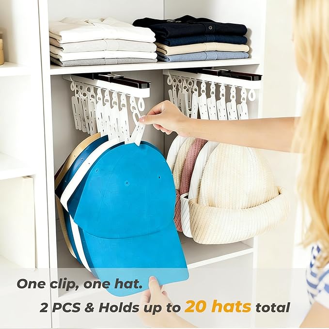 2 Pack No-Drill Wall-Mounted Baseball Hat Organizer, Hat Storage Rack Holds Up to 20 Caps, Hat Holder with 10 Damage-Free Cli
