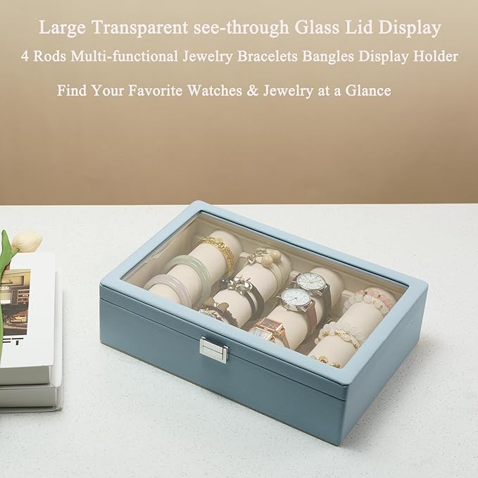 Bracelets Organizer Rods Bangles Display Holder, Clear See through Lid Leather Velvet Jewelry Storage Box Case for Women, 4 R