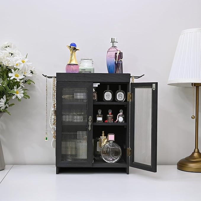 Ikee Design Wooden Countertop Storage Cabinet with Wavy Magnetic Door, Adjustable Shelves, Removable Hooks. Perfect for Perfu
