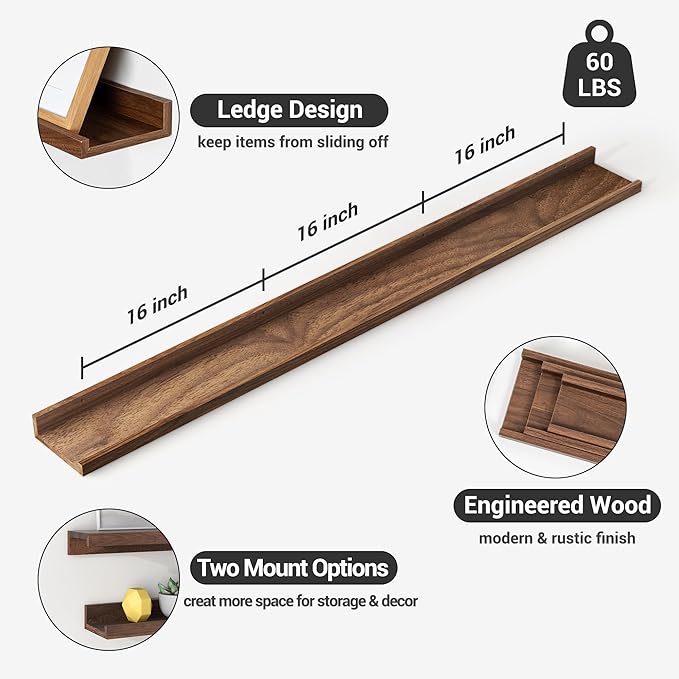 Axeman Picture Ledge Shelf | 55 Inch Walnut Floating Shelves Set of 3 | Rustic Wood Wall Shelves with Lip | 55" Walnut Pictur