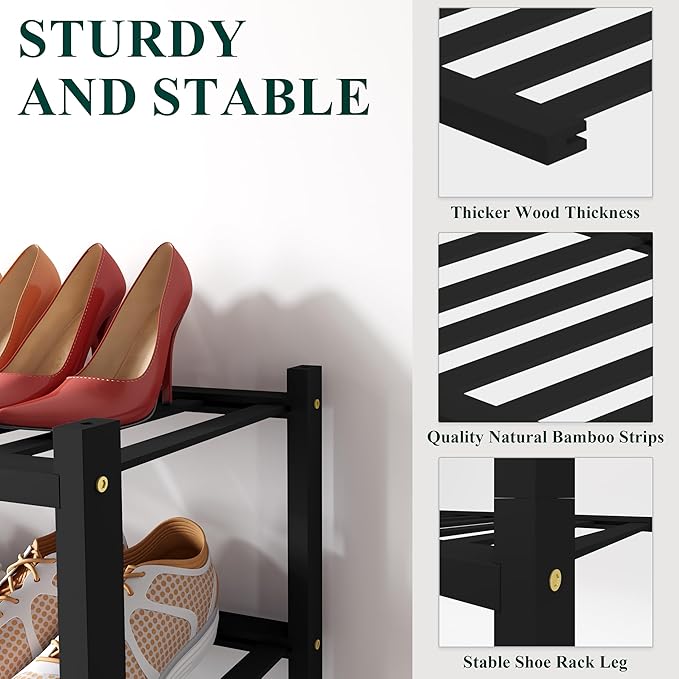 Smiry Bamboo Shoe Rack for Closet, 2 Tier Small Wooden Stackable Shoe Organizer, Free Standing Shoes Storage Shelf for Entryw