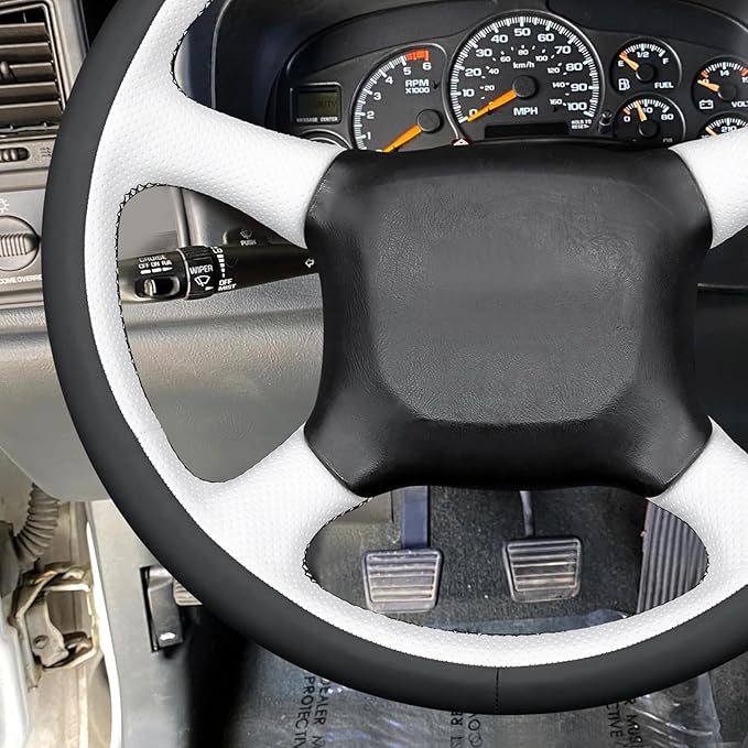 MEWANT Hand Stitch Black White Faux Leather Steering Wheel Cover for Chevy Silverado 1500 Astro Blazer C/K Kodiak S10