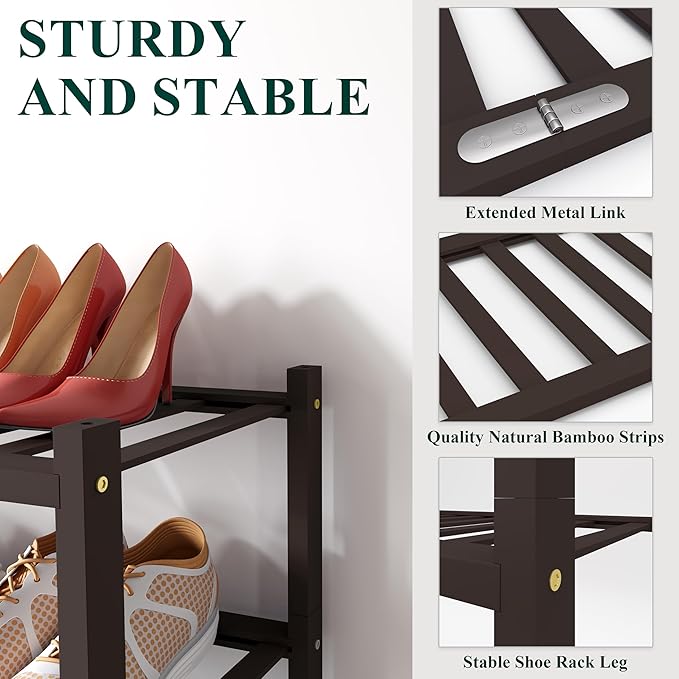 Smiry Shoe Rack, 2 Tier Bamboo Shoe Organizer, Stackable Free Standing Wooden Shoe Storage Shelf for Closet, Entryway, Front 