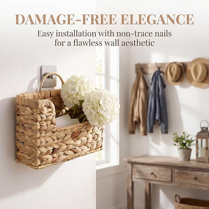 Handwoven Water Hyacinth Wall Basket Storage with Non-Trace Nails - Decorative Hanging Magazine File Holder & Mail Organizer 