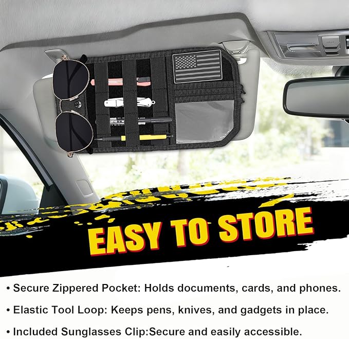Car Sun Visor Organizer with Panel, Universal Multi-Pocket Storage, Zipper Compartments & Glasses Clip for Cars, SUVs & Trucks