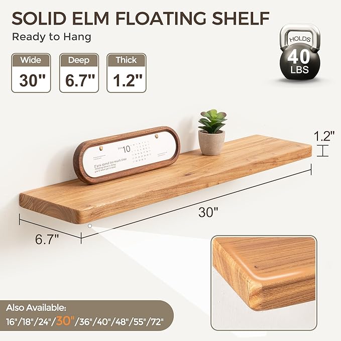Fun Memories Rustic Elm Wood Floating Shelves, 30 Inch Wall Shelf Set of 2, Wooden Bathroom Shelves with Heavy-Duty Bracket, 
