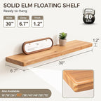 Fun Memories Rustic Elm Wood Floating Shelves, 30 Inch Wall Shelf Set of 2, Wooden Bathroom Shelves with Heavy-Duty Bracket, 
