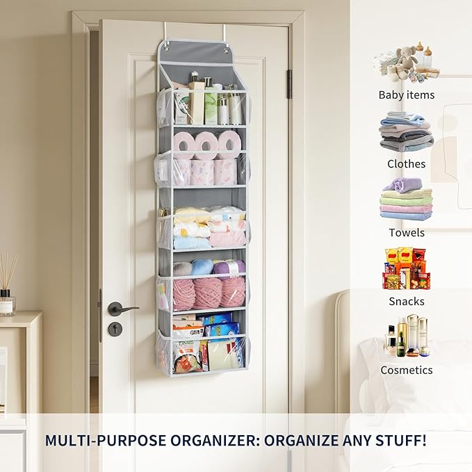 Yecaye 5-Tier Over the Door Organizer Hanging, Toy Stuffed Animal Storage, Behind the Door Storage with 5 Clear View Windows 
