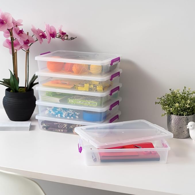 IRIS USA 6 Qt. Plastic Craft Storage Container Bins with Lids, 6 Pack, Small Art & Office Supply Organizer Tote, Sensory Bins