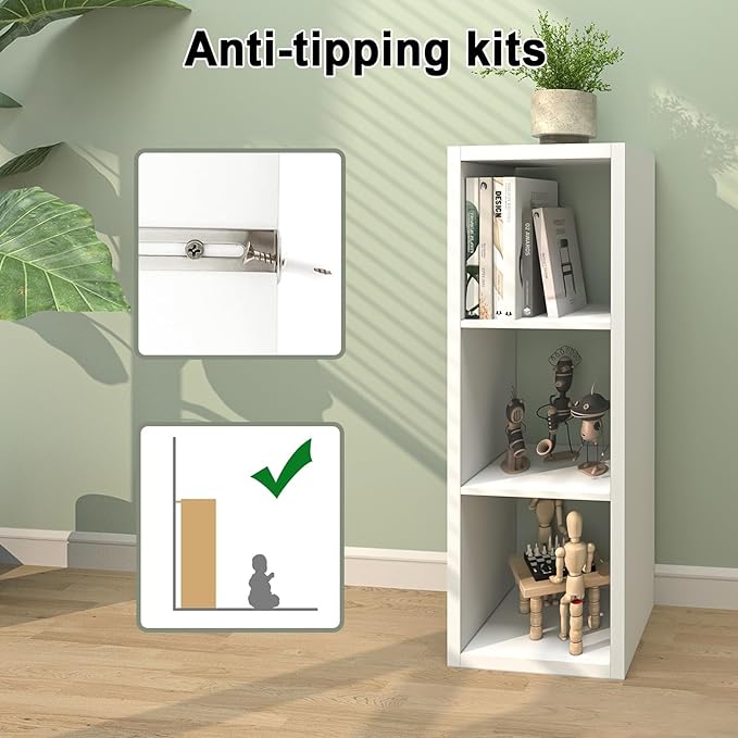 CTESNE【2026 Wooden Thick Frame 3 Cube Storage Organizer Shelf with Anti-Tipping Kits + Reversible Open Back Bookcase, Horizon