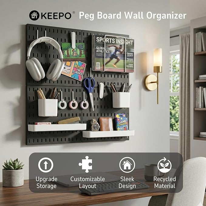 Keepo Peg Board Wall Organizer – Plastic Pegboard Panels, Modular Peg Board Storage System for Home Office, Craft Room, Gamin