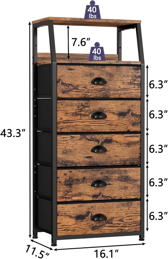 Furnulem Tall 5 Drawers Dresser, Vertical Storage Tower Fabric Dresser for Bedroom, Hallway, Entryway, Nursery, Closet Organi
