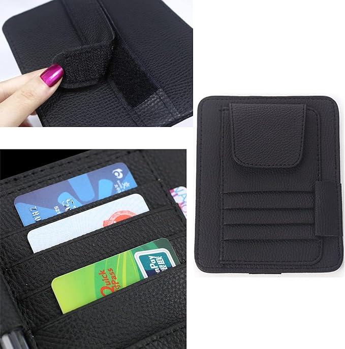 Small Leather Sun Visor Organizer for Car and Truck - Sunglass Holder, Card Sleeve Pocket, Document Holder for Registration, Driving License, Insurance, Pen, Chapstick